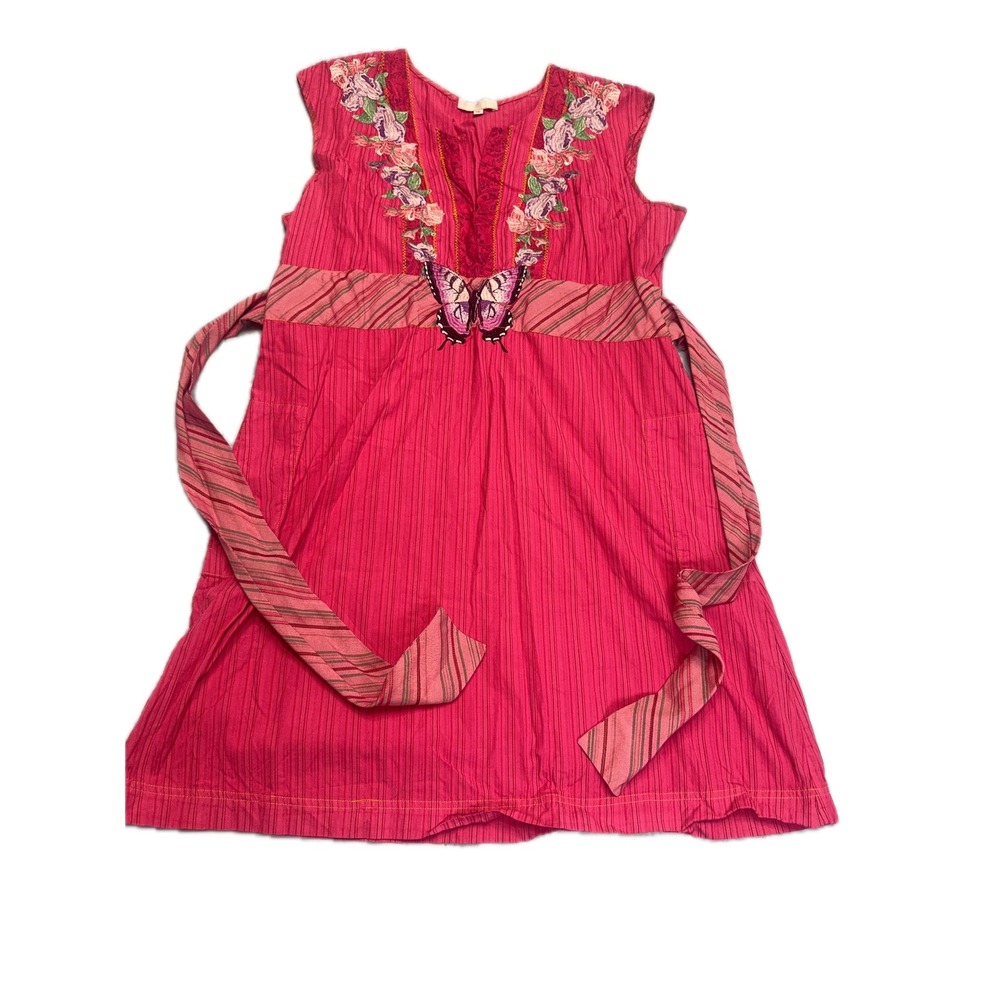 Pink Striped Dress‎ XL Floral Embroidery Butterfly Sleeveless Casual Cute